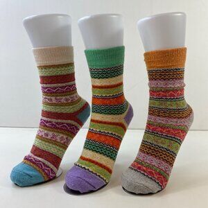 Womens Colorful Striped Thermal Nordic Crew Socks 3 Pack Blue Purple Gray